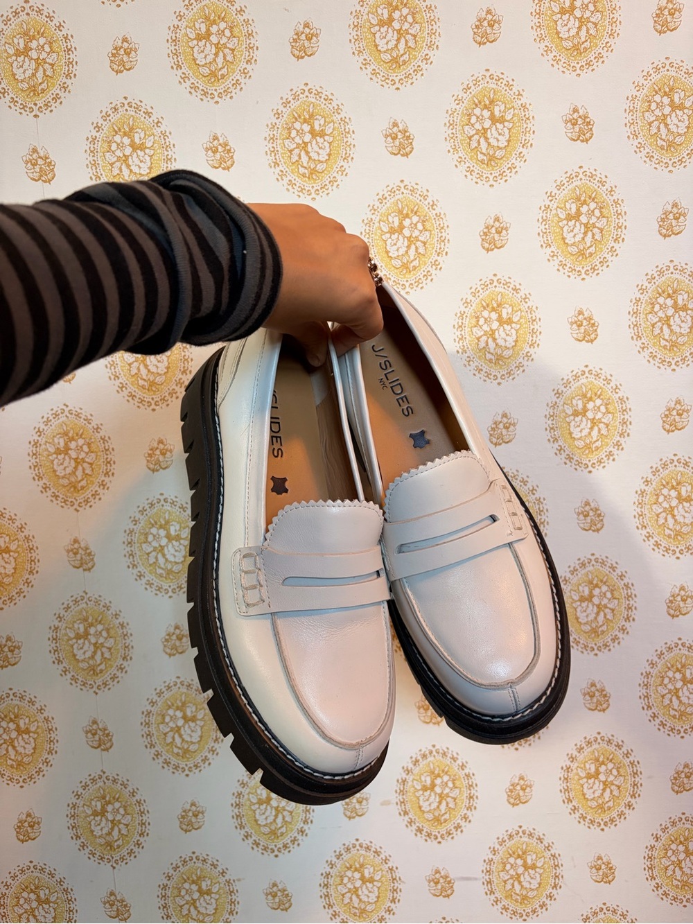 J/SLIDES Cream Leather Penny Loafers with Black Lug Sole